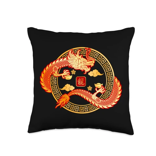 Lunar New Year Sycee Year Of The Dragon Yuanbao Lucky Money Envelope Red Pocket Dragon Year Art ON Back Throw Pillow, 16x16, Multicolor