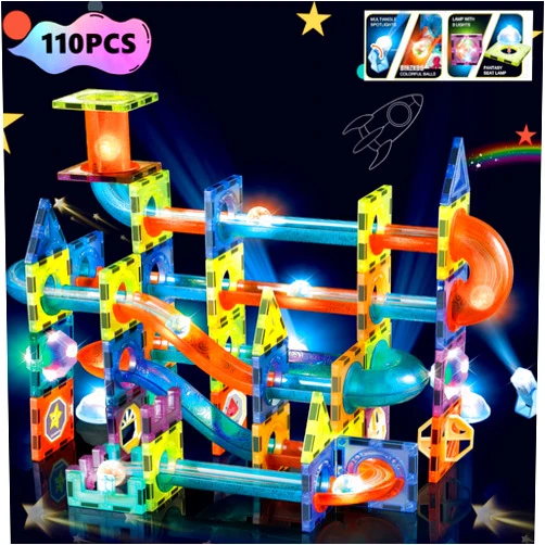 BINZKBB Light Magnetic Tiles Building Blocks for Kids,3D Clear Educational STEM Building Toys,Magnetic Marble Run Blocks Toys for Kids Ages 3 4 5 6 7 8 10+Year Old Boys Girls Creative Gift(110 PCS)