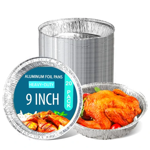 HOGOWARE 9in Round Heavy Duty Aluminum Foil Pans for Baking Cake Pie Tins Disposable Oven Safe Food Containers Pot Trays Tart Molds Individual Cooking Roasting Bowls 45 OZ 20 Pack