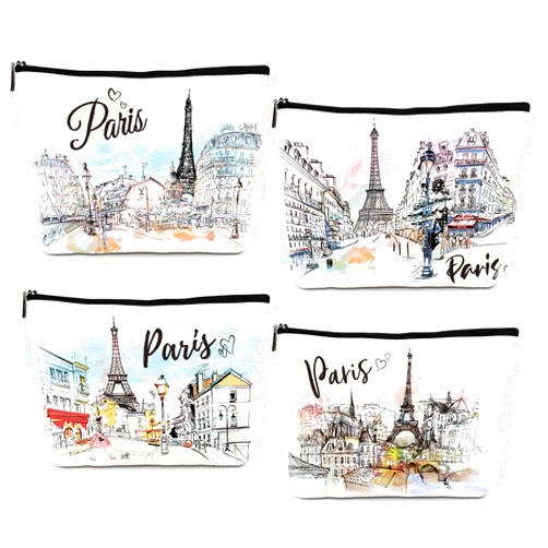 Luvsweets Paris Gifts Travel Essentials - 4Pcs Eiffel Tower Makeup Bag, France Paris City Watercolor Cosmetic Bags with Zipper Pouch, Weekend Vacation Trip Gifts for Travellers Women Girls