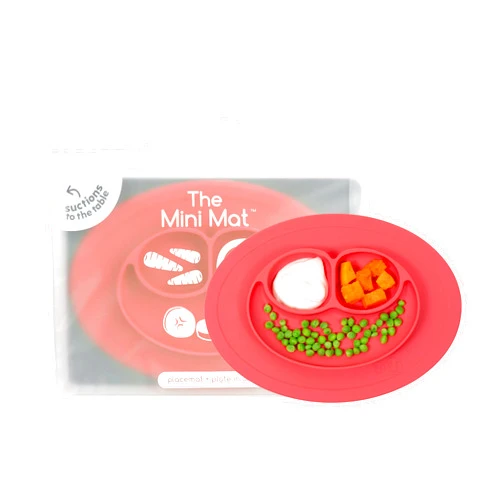 ezpz Mini Mat for 12 Months+ (Coral) - 100% Silicone Baby Plates with Suction and Built-in Placemat for Infants + Toddlers - Baby Led Weaning - For Highchair, Dining Table and Travel