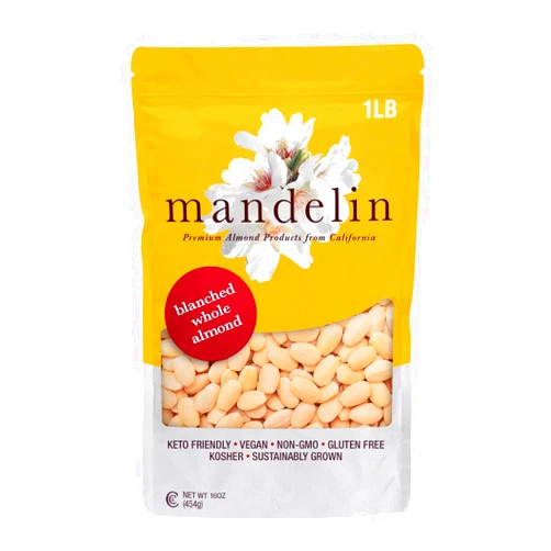 MANDELIN CALIFORNIA ALMONDS AND ALMOND PASTES Mandelin Blanched Whole Almonds, 100% Almonds (1 lb), Non-GMO, Gluten Free, Vegan, Keto, Plant Based Diet Friendly, Kosher for Passover, Every Batch Tested for Quality