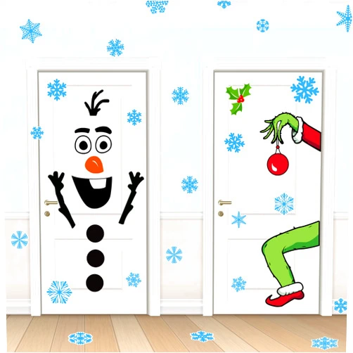 ROCWOHO 4 Sheets Christmas Door Stickers Decor Christmas Snowman Door Stickers Large Snowman Xmas Stickers with Snowflake Decals for Winter Door Window Refrigerator Decorations