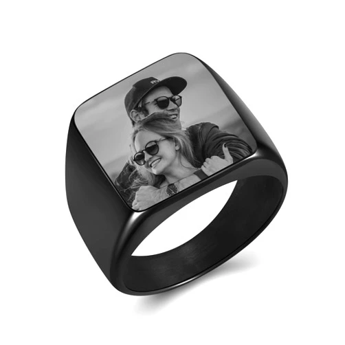 Personalized Master Custom Picture Signet Ring Engraved Polished Photo Text Initial Simple Plain Black Signet Ring Size 9-14 for Men Women Memorial Stainless Steel Jewelry
