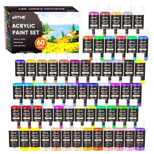 Artme Acrylic Paint Set, 60 Colors in 2oz/60ml Bottles, Non Toxic, Waterproof, Rich Pigments Acrylic Paint for Artists, Students, Beginners Painting on Rocks Canvas Wood Clay Fabric Ceramic Crafts