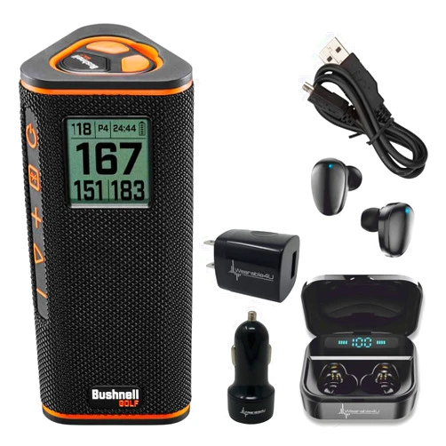 Wearable4U - Bushnell Wingman View Golf GPS Bluetooth Speaker with Ultimate Black Earbuds and Wall and Car Chargers Bundle