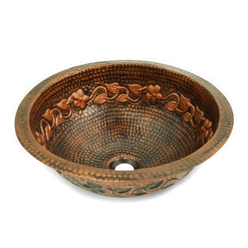DwellElite 16.5'' Round Copper Bathroom Sink，Pure Copper Hand Hammered Laurel Patterned Bathroom Vanity Sink for Dual Mount.