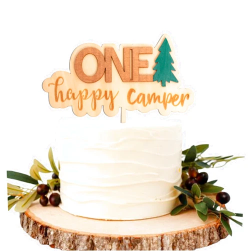 CIEQR One Happy Camper Cake Topper - Camping Theme Wooden Cake Topper, First Birthday Cake Decoration for Baby Shower, 1st Birthday Party, Anniversary, Baby Photo Booth Props...