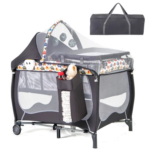 HONEY JOY Pack and Play, 4 in 1 Portable Baby Playard w/Bassinet, Changing Table, Lockable Wheel, Music, Foldable Travel Baby Crib Nursery Center from Newborn to Toddler(Gray, Elephant)