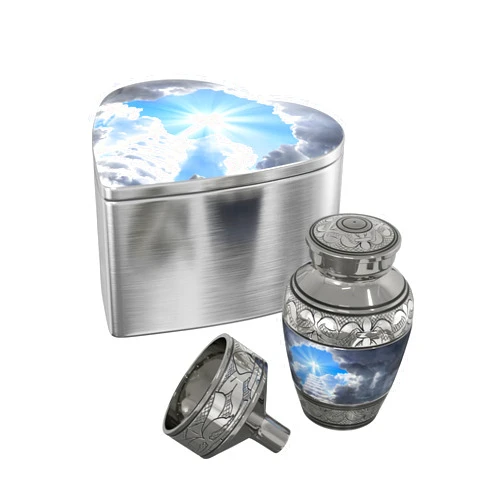 JDLTributes Stairway to Heaven Keepsake Cremation Urn with Handcrafted Metal Heart Shaped Box and Funnel - Small Mini Urn for Human Ashes (Christian/Catholic Male/Female)