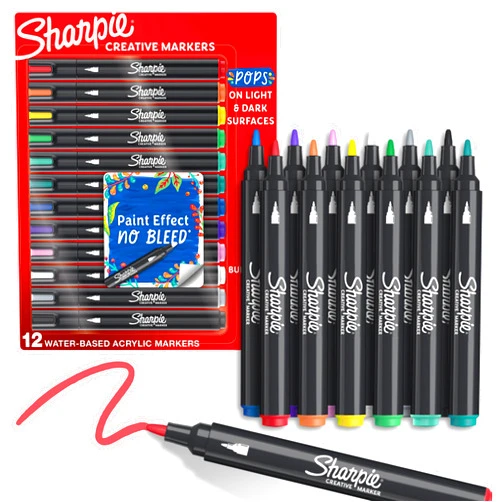 Sharpie Creative Markers, Water-Based Acrylic, Bullet Tip, Assorted Colors, 12 Count – Arts & Crafts, Kids Activity, School Classroom; Works on Paper, Metal, Wood, Ceramic, Glass, Rock, Canvas