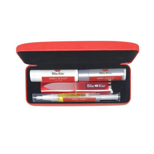 Bliss Kiss Nail Travel Manicure Kit - Great Gift Idea - Easy carry, to-go case to care for your nails, skin, and lips - Hydrating Nail and Cuticle Oil, Lotion Stick, Crystal Nail File, Lip Balm