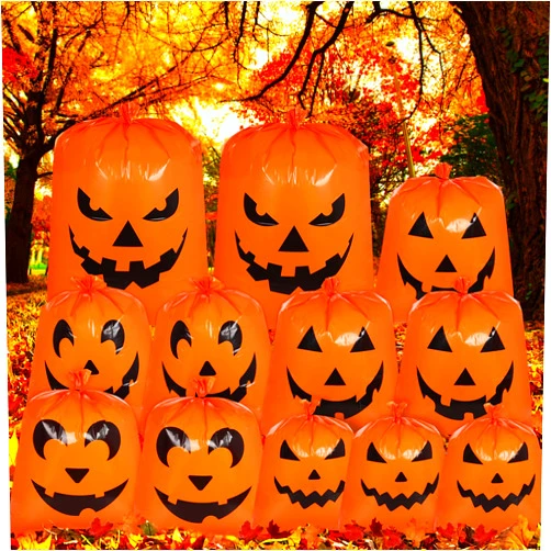 SUKKI 12Pcs Halloween Pumpkin Lawn Bags - Halloween Decorations Leaf Bags with 5 Designs, Halloween Party Favors Fall Halloween Trash Bags with Twist Ties for Yard Lawn Garden Halloween Decorations Outdoor