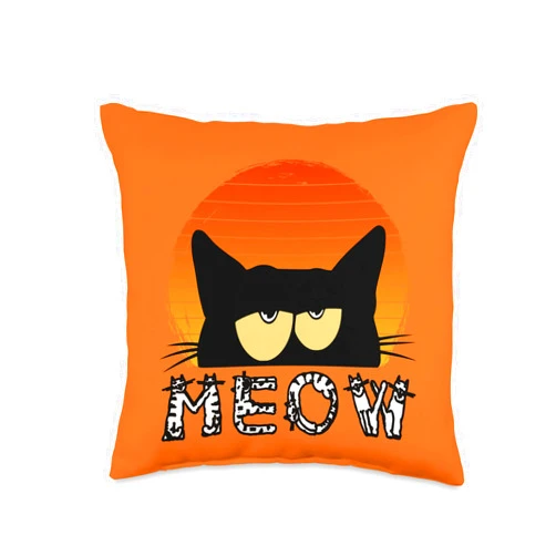 Abstract Cat Meow-Black Cat Cartoon Sunset Throw Pillow, 16x16, Multicolor