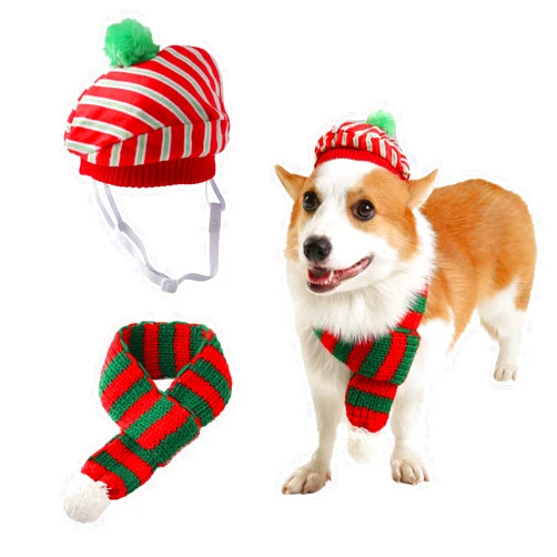 MBKET Pet Santa Hat and Scarf for Christmas, 2 Pcs Kitten Xmas Costume, Cute Holiday Outfit, Winter Knit Hat with Scarf for Puppy Cats, Small