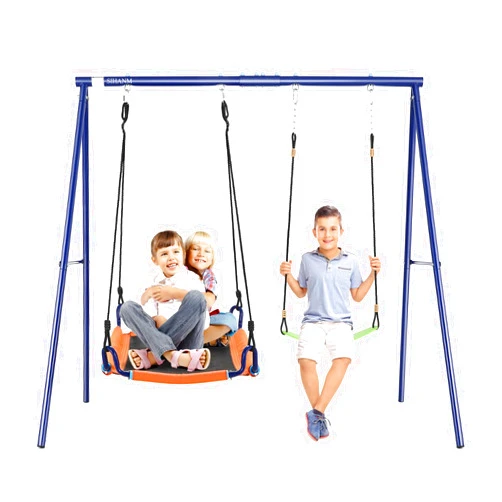 SIHANM Metal Swing Sets for Backyard - 440 lbs Heavy Duty Swing Stand A-Frame Kids Outdoor Swing Adjustable Ropes Saucer Swing with Frame 2 Seats Playground Sets