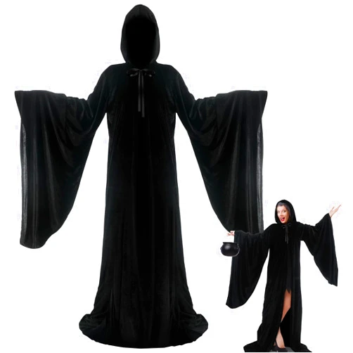 Tarpop 63 Inch Black Velvet Wizard Robe Witch Cloak for Women Renaissance Long Halloween Hooded Black Cape for Men Halloween Cosplay Costume