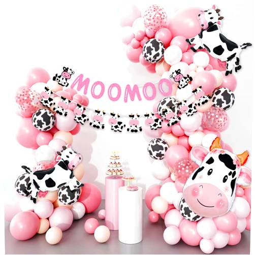 Ouddy Party Pink Cow Balloons Garland Arch Kit, 140Pcs Pastel Pink Confetti Cow Print Balloons MOOMOO Banners Foil Cow for Western Cowboy Cowgirl Farm Animal Themed Baby Shower Birthday Party Decorations Supplies