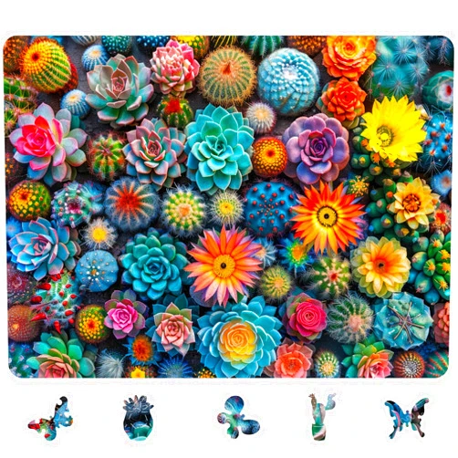 Mys Aurora Puzzles for Adults Cactus World Wooden Puzzles, 300 Pieces Unique Shaped Succulent Jigsaw Puzzles, Birthday for Adults and Kids, Fun Family Game 14.9'' x 11.2'' Medium Size