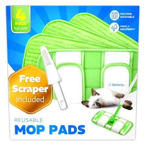 Befanty Reusable Microfiber Mop Pads, Compatible with Swiffer Sweeper, Machine Washable Cloths, Scraper Included, Refills for Floor Cleaning, Wood Floors, Hook and Loop, Wet Dry - 4 Pack, 10