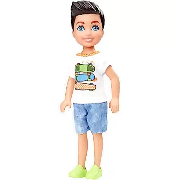 Barbie Club Chelsea Boy Doll (6-inch Brunette) Wearing Skateboard Graphic Shirt and Shorts, for 3 to 7 Year Olds