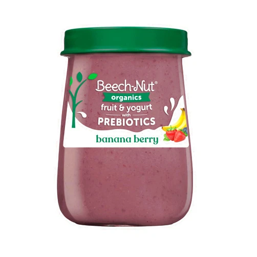 Beech-Nut Organic Fruit & Yogurt Baby Food Jars with Prebiotics, Organic Banana Berry & Yogurt Puree, Stage 2 Baby Food for Babies 6 Months and Up, Non-GMO, 4oz Glass Jars, 10ct