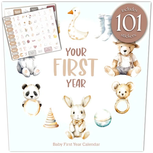 Bibi & Beau Baby's First Year Calendar with 100 Stickers - Unisex Baby Design 1st Years Wall Calendar With Stickers, Baby Tracker, Baby Scrapbook for New Mom and Newborn Boys & Girls