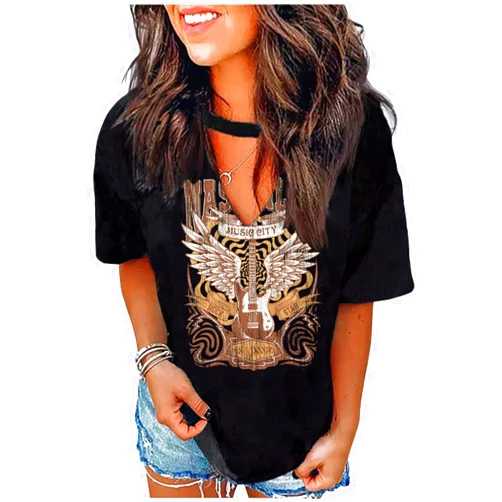 CHUNTIANRAN Hollow Out T Shirts for Women Western Graphic Shirts Country Cowgirls Shirts Casual Short Sleeve V Neck Tops