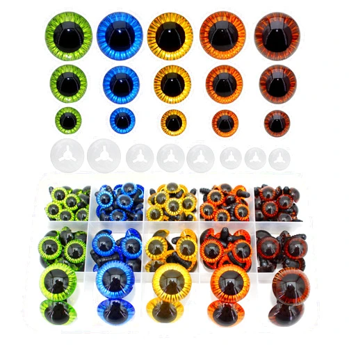 BESTCYC 1Box(80pcs) 3Size 5Colors Threaded Shank Design Plastic Safety Eyes Craft Eyes with Washers for Crafts DIY Amigurumi Stuffed Animal, Toy, Doll DIY Making Supplies (Blue.Green.Brown.Yellow.Orange)