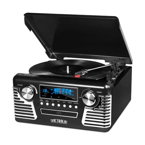 Victrola 50's Retro Bluetooth Record Player & Multimedia Center with Built-in Speakers - 3-Speed Turntable, CD Player, AM/FM Radio | Wireless Music Streaming | Black