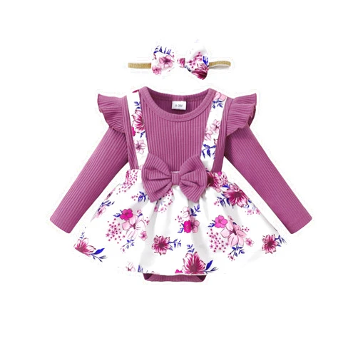 HIGHUZZA Baby Girl Winter Clothes Toddler Girl Spring Outfit Long Sleeve Ruffle Romper Suspender Skirt Headband Set