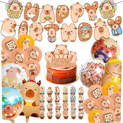 Generic 50Pcs Capybara Birthday Party Decor Set, Capybara Cake Topper Included 6 Foil Balloons, Happy Birthday Banner, 18 Latex for Capybara Lover Bday Decor Supplies