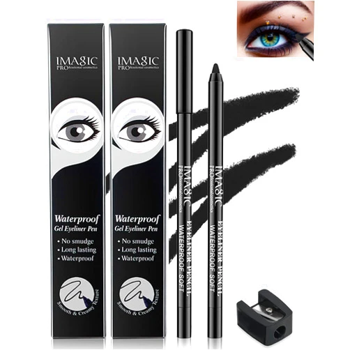 LYSdefeu 2Pcs Black Waterproof Smudge-proof Gel Eyeliner Pencil, Fade-Proof Eye Liner Pencil Soft Smooth Easy-to-Sharpen Pencil for Women Cat Eye/Smoky Eye Makeup with Pencil Sharpener