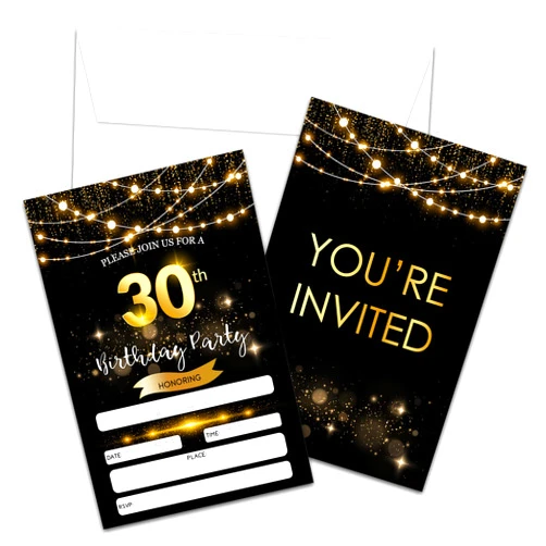 Foosproea 30th Birthday Invitations with Envelopes - Black Gold Glitter Fill-in Invites Cards - Surprise Birthday Party Invitation Card for Him/Her - Adults Birthday Party Favors Supplies Decorations (20 Pack)