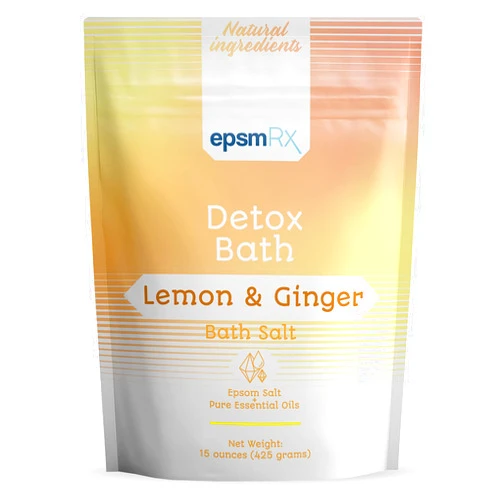 EpsmRx Detox Bath Salt 15 Oz Epsom Salt Bath Soak Pouch, Lemon Essential Oil, Ginger Essential Oil