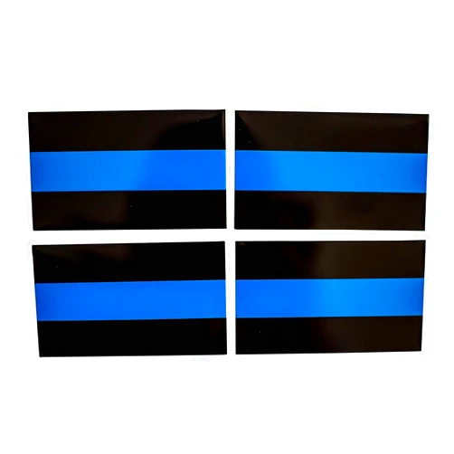 Riley Express ALUMINUM Thin Blue Line Sticker Emblems | In Support of Police Officers and Law Enforcement | 4 Pack Blue Line Decals Perfect For Cars and Trucks (3.5” x 2”)