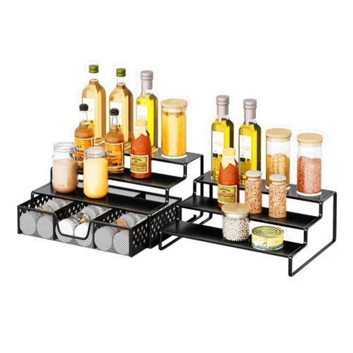 Simple Trending Spice Rack Organizer for Cabinet, 2 Pack 3 Tier Seasoning Organizer, Expandable Shelf,Step Storage Holder, Kitchen Cabinet Countertop,with Sliding Drawer, Metal, Black