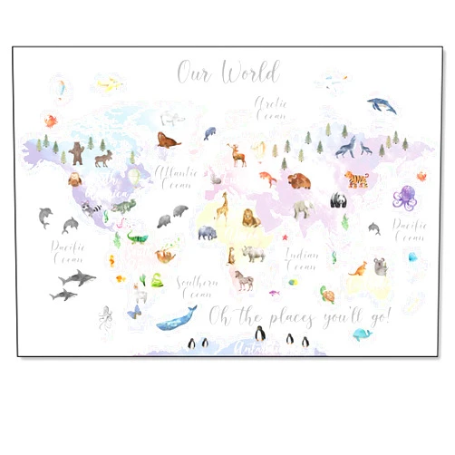 Gotletaeld Vlejoy Pink Animal World Map Poster Print for Girl's Bedroom, Nursery Wall Art Canvas, Classroom Decor 16x24in No Frame