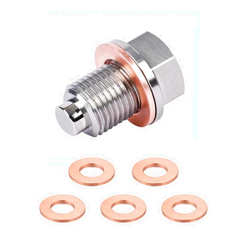 Sylvil M12x1.75 Magnetic Oil Drain Plug, Stainless Steel Sump Drain Nut Bolt with 5 Crush Gaskets, Leak-proof Vehicle Engine Oil Drain Plug Replacement, Universal Car Accessories