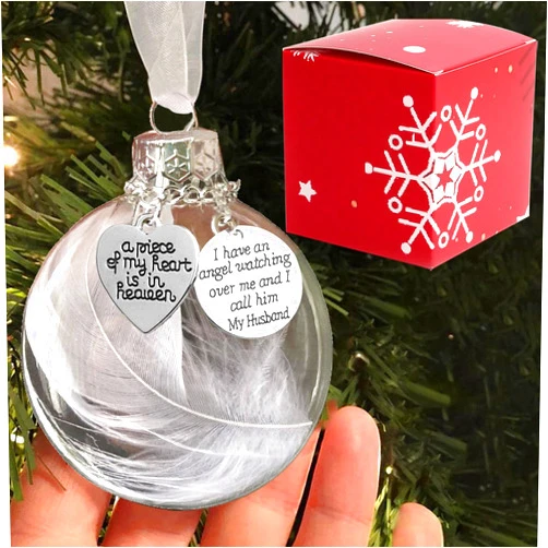 JjBOOM Clear Christmas Memorial Ornament Feather Ball, A Piece of My Heart is in Heaven Loss of Loved One Husband Christmas Tree Hanging Sympathy Gift with Silk Ribbon & Red Gift Box