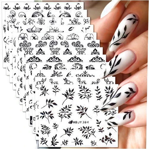 Namrec 12 Sheets Black Nail Art Stickers 3D Self Adhesive Black Flower Nail Stickers for Nail Art Lace Leaf Nail Decals Black Retro Nail Design Decoration Accessories for Women and Girls