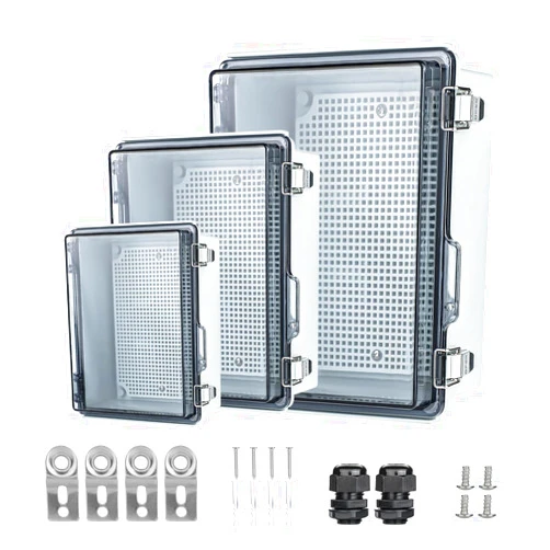 IGEYAPA Small Waterproof Electrical Junction Box， IP67 Waterproof Clear ABS Plastic Enclosure Boxes for Outdoor Garden with Hinged Cover, Mounting Plate, Wall Brackets, Cable Glands (8.7