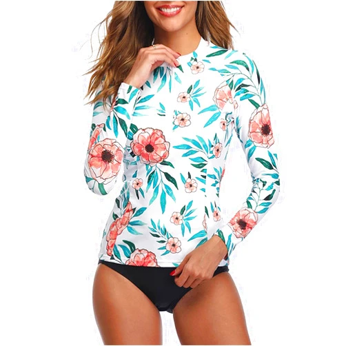 ZORQ Women 2 Piece Long Sleeve Rash Guard Bathing Suit, Zipper Swimsuit Built in Bra Swim Shirt and Shorts UPF 50 (Color : White, Size : Medium)