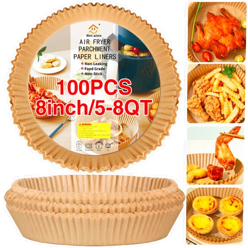 ReLuien Air Fryer Paper Liners, 100PCS Non-stick Oil Resistant Air Fryer Parchment Paper Liners, 8 Inch Air Fryer Liners Disposable, Round Airfryer Liners for 5-8QT Air fryer, Baking, Roasting Microwave