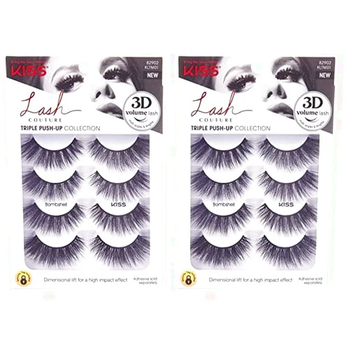 KISS Lash Couture Triple Push-Up False Eyelashes, Bombshell', 14 mm, Includes 4 Pairs Of Lashes, Contact Lens Friendly, Easy to Apply, Reusable Strip Lashes (Pack of 2)
