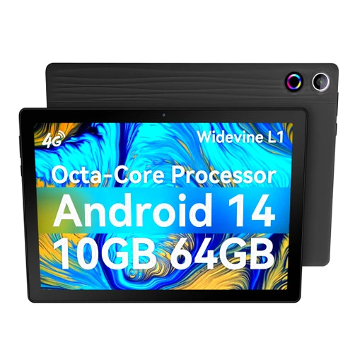 Eksvefot Android 14 Tablet, Octa-Core 10 inch Tablet, 10GB RAM+64GB ROM (Expand to 1TB), Android Tablet with Bluetooth 5.3, WiFi 6, 5MP+8MP Dual Camera, Face ID, 4G Dongle Wireless Internet (Black)