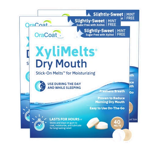 OraCoat XyliMelts Dry Mouth Relief Moisturizing Oral Adhering Discs 40 Count, 3 Pack, Slightly-Sweet with Xylitol, for Dry Mouth, Stimulates Saliva