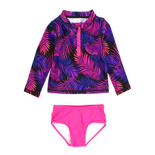 RuffleButts® Baby/Toddler Girls Long Sleeve Rash Guard 2 Piece Swimsuit Set w/UPF 50+ Sun Protection with Zipper