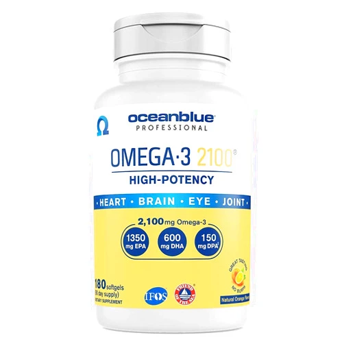Oceanblue Professional Omega-3 2100 – 180 ct – Triple Strength Burpless Fish Oil Supplement with High-Potency EPA, DHA, DPA – Wild-Caught – Orange Flavor (90 Servings)