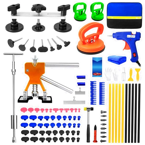 DIQDI 97pcs Dent Puller Kit, Paintless Dent Removal Kit for Dent Repair, Dent Repair Kit with Golden Lifter, Slide Hammer T-Bar, Bridge Puller, Car Dent Puller Kit for Auto Hail Damage Door Ding